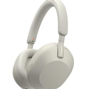 "Wireless over-ear headphones in beige color with padded headband"