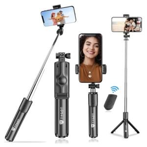 Extendable selfie stick tripod with smartphone holder and wireless remote shown in multiple usage positions.
