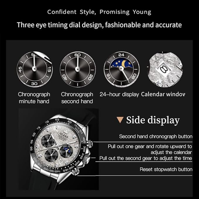 OLEVS Watches for Men Analog Quartz Chronograph Watch Moon Phase Waterproof Black Silicone Diamond Dress Luminous Easy Reader Wrist Watches - Image 3