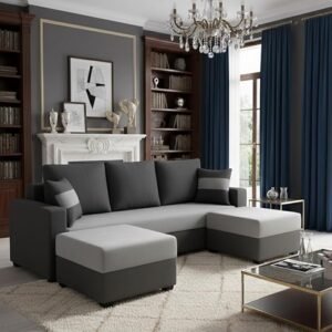 Contemporary grey 3-seater sofa with square ottoman