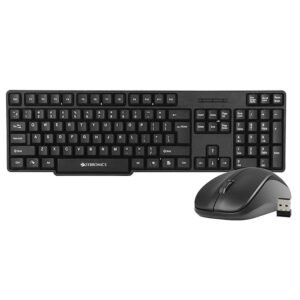 Zebronics 2.4GHz wireless keyboard and mouse combo in black color with full-size keyboard layout on purple background.