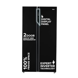 Black double door side-by-side refrigerator with digital display panel and inverter technology branding.