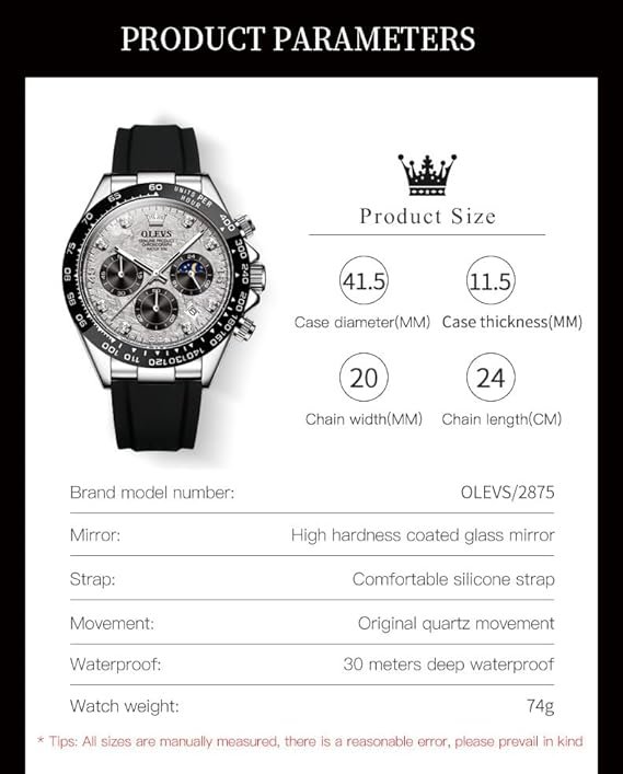 OLEVS Watches for Men Analog Quartz Chronograph Watch Moon Phase Waterproof Black Silicone Diamond Dress Luminous Easy Reader Wrist Watches - Image 4