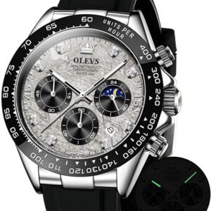 OLEVS Watches for Men Analog Quartz Chronograph Watch Moon Phase Waterproof Black Silicone Diamond Dress Luminous Easy Reader Wrist Watches
