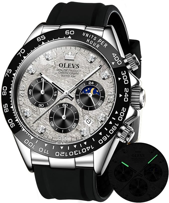 OLEVS Watches for Men Analog Quartz Chronograph Watch Moon Phase Waterproof Black Silicone Diamond Dress Luminous Easy Reader Wrist Watches