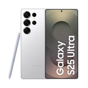 Samsung Galaxy S25 Ultra smartphone in silver color with S Pen and quad camera setup displayed on white background