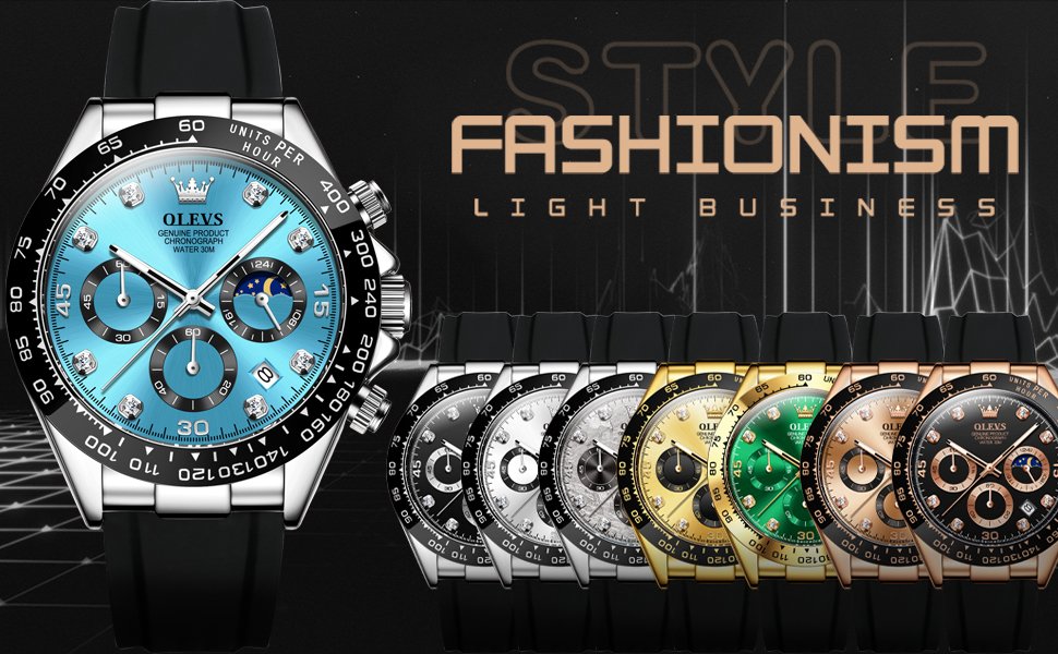 OLEVS Watches for Men Analog Quartz Chronograph Watch Moon Phase Waterproof Black Silicone Diamond Dress Luminous Easy Reader Wrist Watches - Image 6