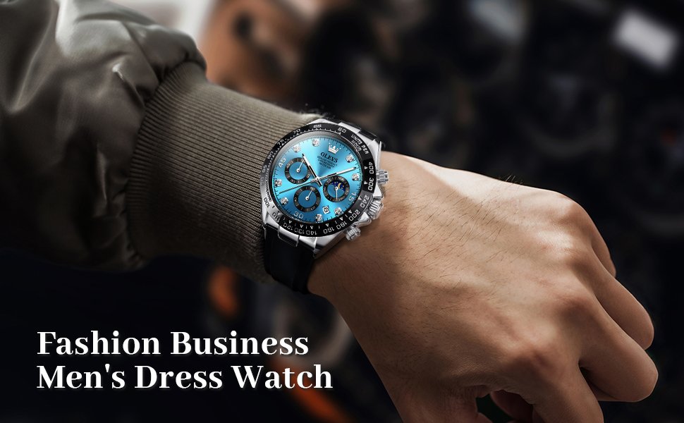 OLEVS Watches for Men Analog Quartz Chronograph Watch Moon Phase Waterproof Black Silicone Diamond Dress Luminous Easy Reader Wrist Watches - Image 7