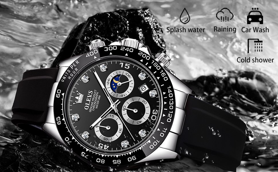 OLEVS Watches for Men Analog Quartz Chronograph Watch Moon Phase Waterproof Black Silicone Diamond Dress Luminous Easy Reader Wrist Watches - Image 5